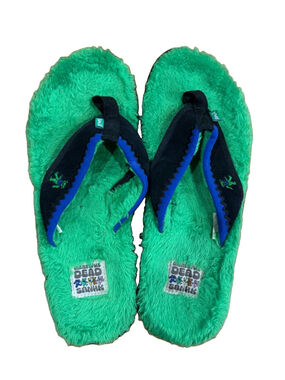 Sanuk Grateful Dead Dancing Bears Fuzzy Flip Flops Green Blue Size 9 Women’s